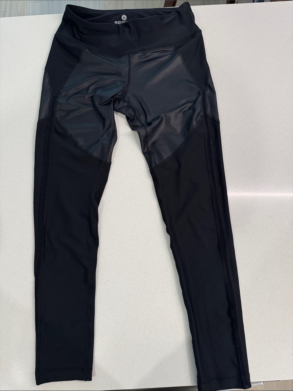 Women's Black Active Leggings with Faux-Leather Panels
